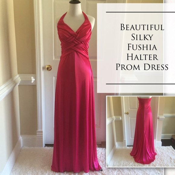 Fuchsia Pink Halter Satin Prom Dress - Picture 1 of 13